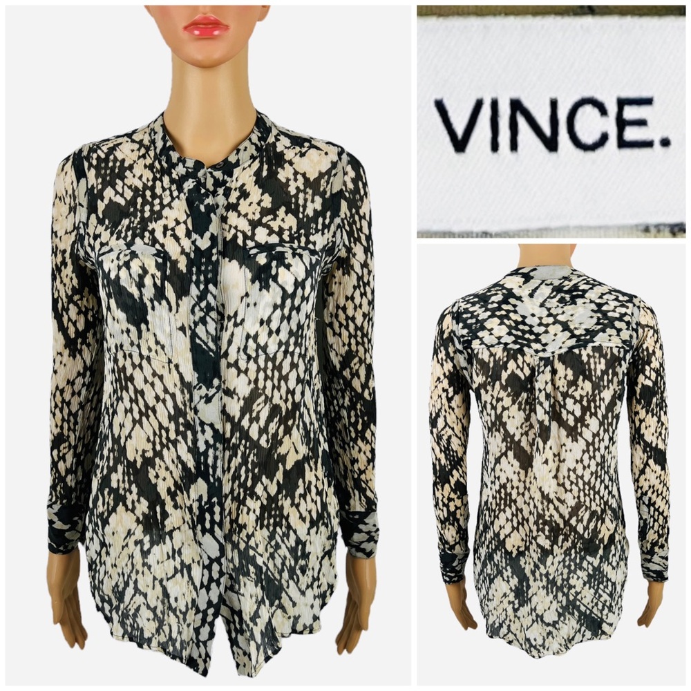 Vince Womens 0 Blouse Basketweave 100% Silk Button Down Abstract Printed EUC